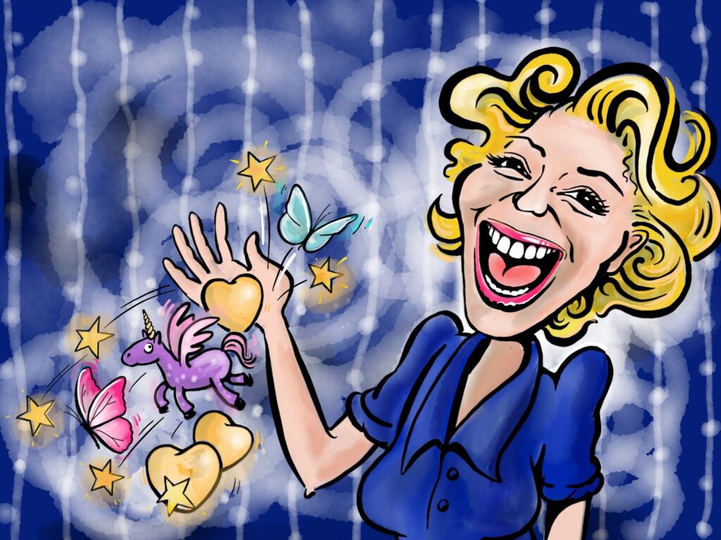 Cartoon representation of Big Magical Kathryn Koromilas by Sherry Tolputt. 