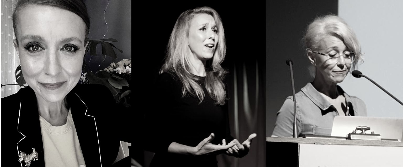 Three photos of Kathryn Koromilas. Left, facing the camera. Middle, speaking to an audience. Right, speaking at the podium. All black and white.